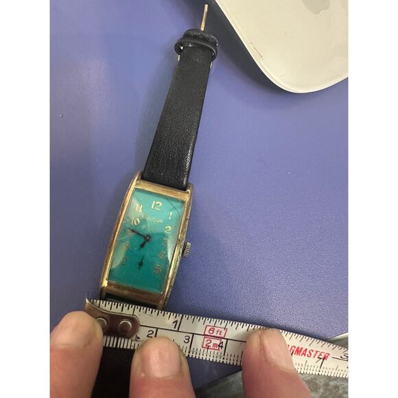 UNIQUE VINTAGE 1930\'s BULOVA TANK WATCH TEAL GREEN BLUE FACE MANUAL WIND WORKS! main image 6